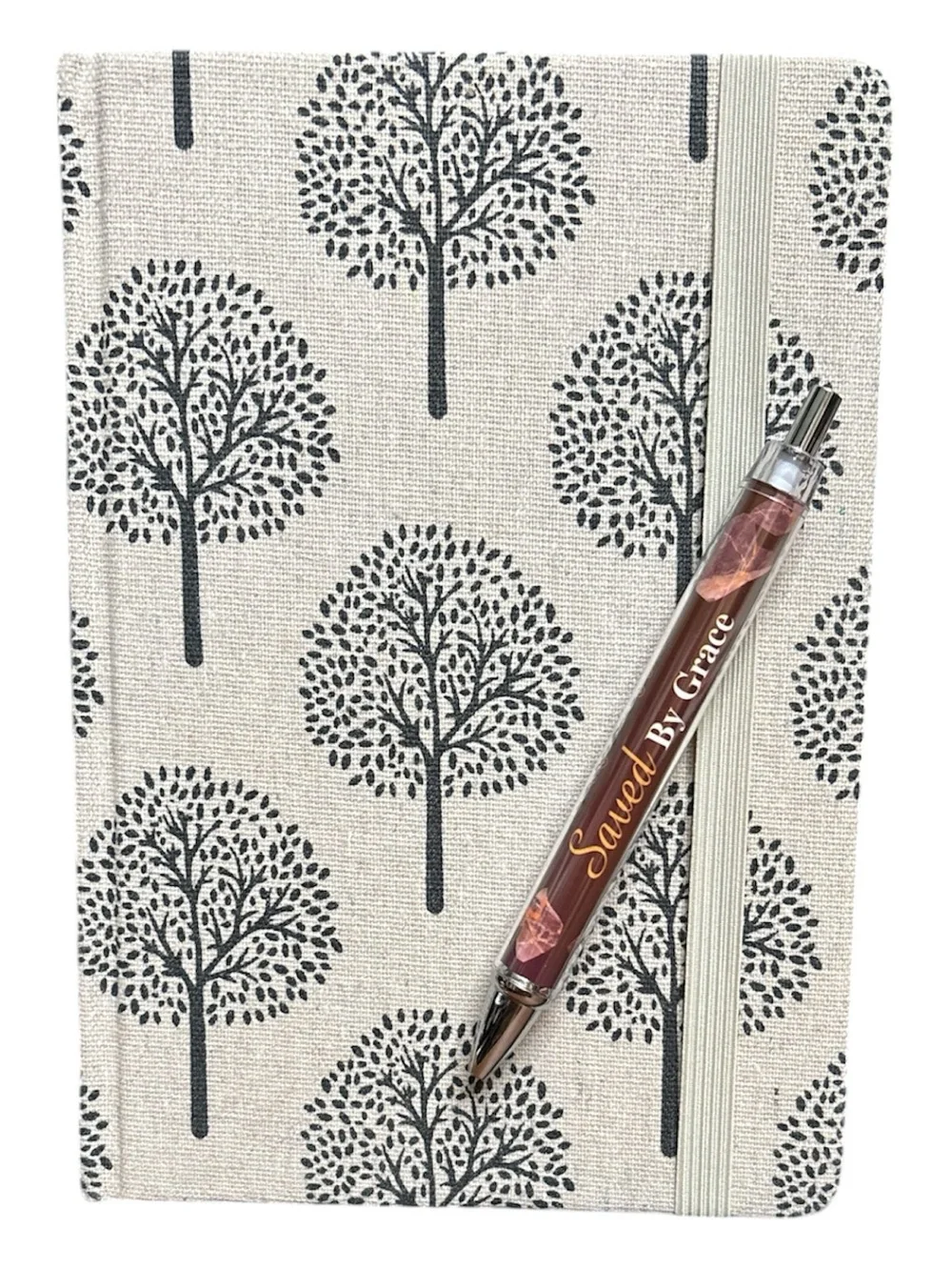 Gray Tree-Print Notebook with Elastic Band and Saved By Grace Pen